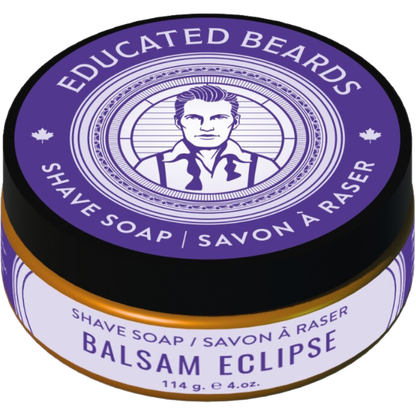 Educated Beards Balsam Eclipse Shave Soap in 4 oz container, natural beard care product by Pasteur Pharmacy, creamy and rich lather