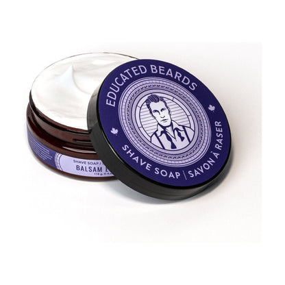 Educated Beards Balsam Eclipse Shave Soap by Pasteur Pharmacy in a 4 oz container, creamy texture and natural ingredients for a smooth shave.