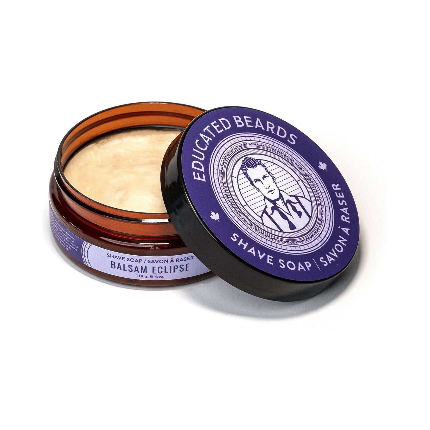 Educated Beards Balsam Eclipse Shave Soap by Pasteur Pharmacy in a 4 oz container, featuring a smooth, creamy texture for a close shave.