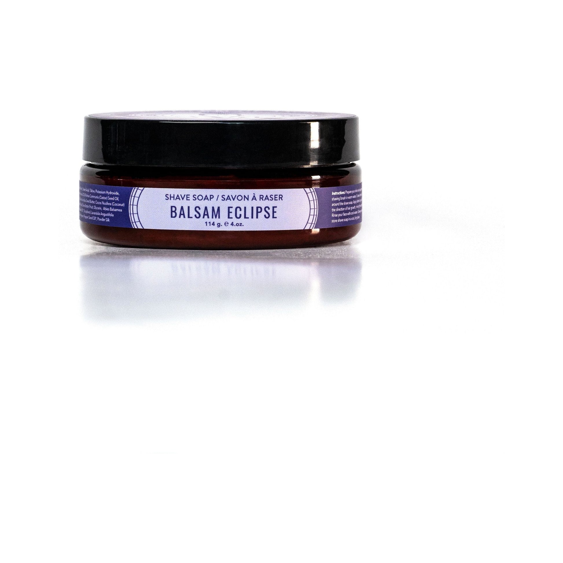 Educated Beards Balsam Eclipse Shave Soap by Pasteur Pharmacy in a 4 oz container, creamy texture, ideal for a smooth shave.