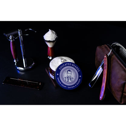 Educated Beards Balsam Eclipse Shave Soap by Pasteur Pharmacy, 4 oz, creamy and rich in a jar for a smooth shave.