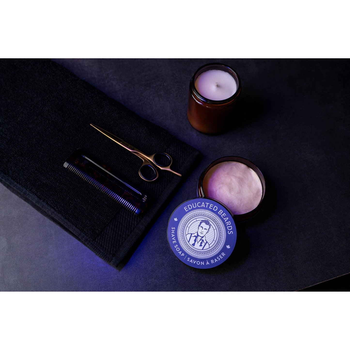Educated Beards Balsam Eclipse Shave Soap by Pasteur Pharmacy in a 4 oz container, creamy texture and natural ingredients for a smooth shave.