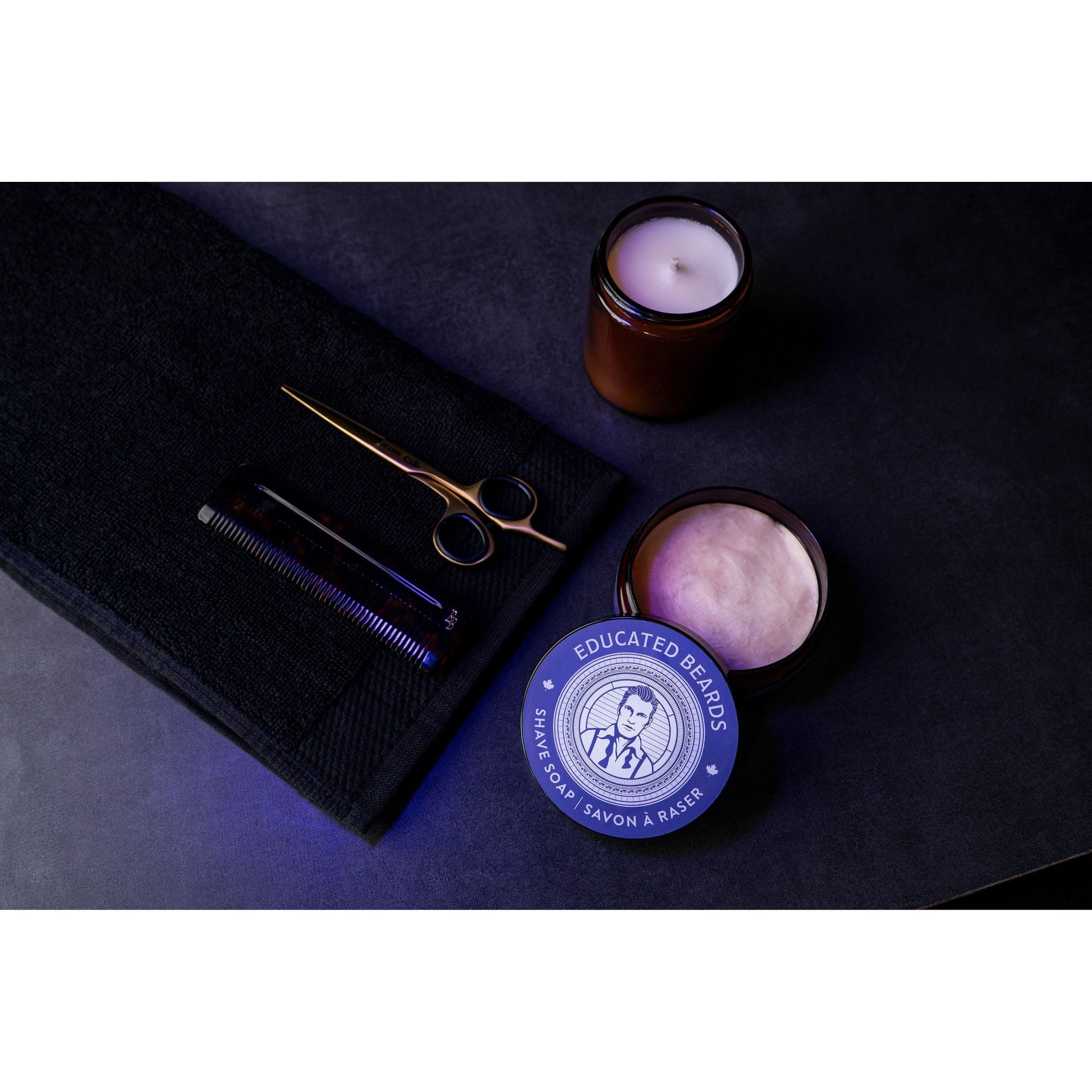 Educated Beards Balsam Eclipse Shave Soap by Pasteur Pharmacy in a 4 oz container, creamy texture and natural ingredients for a smooth shave.