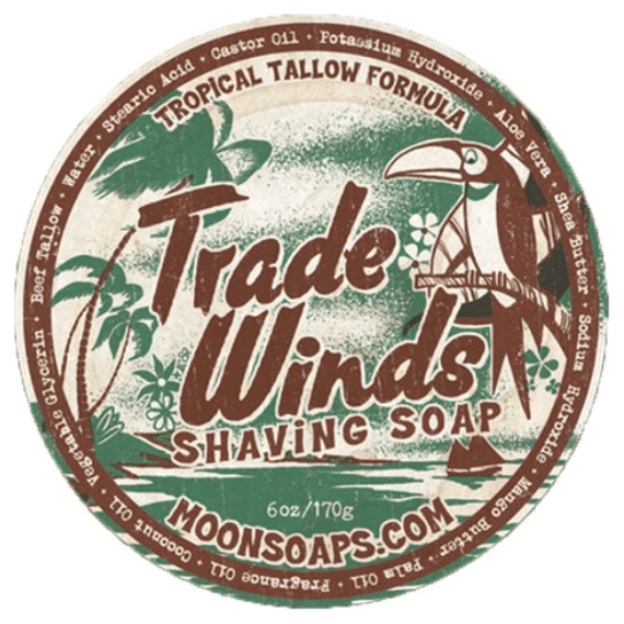 Moon Soaps Trade Winds Shave Soap, 6 oz, in a round container with a label featuring a nautical design.