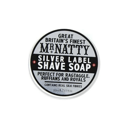 Mr. Natty's Silver Label Shave Soap by Pasteur Pharmacy in a 2.7 oz tin with a silver label and lid.
