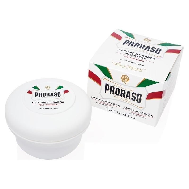 Proraso Sensitive Skin Anti-Irritation Shave Soap with Green Tea and Oatmeal, 5.2 oz, in a round container with green and white packaging.