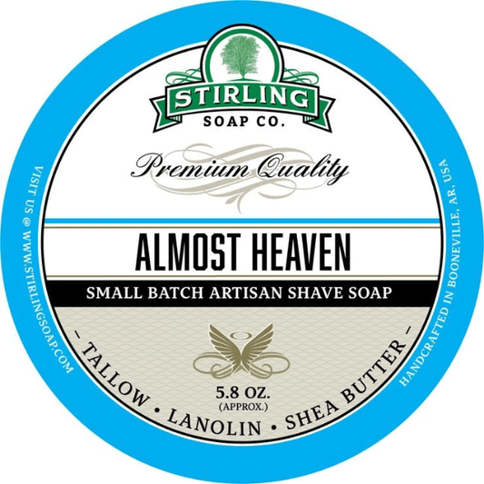 Pasteur Pharmacy Stirling Soap Co. Almost Heaven shave soap jar, 5.8 oz, with a creamy soap surface in a classic jar.