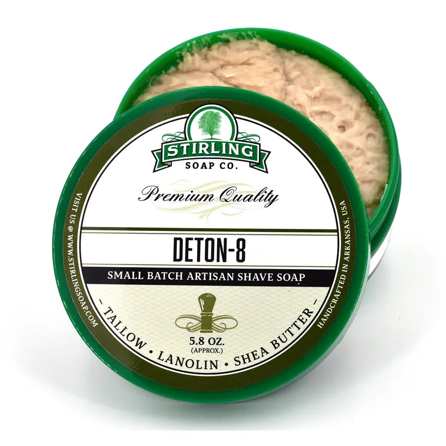 Pasteur Pharmacy Stirling Soap Co. Deton-8 shave soap in a 5.8 oz jar, with a classic design and product label visible.