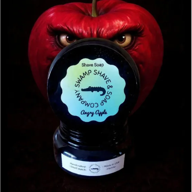 Pasteur Pharmacy Swamp Shave & Soap Company Angry Apple Shave Soap in 4.2 oz jar, featuring apple scent and rich lather for shaving.