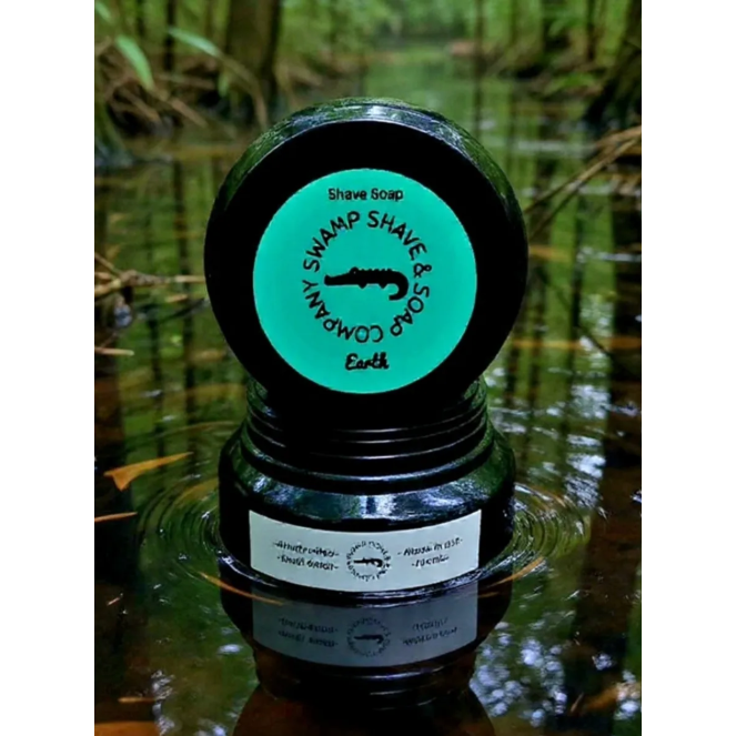 Pasteur Pharmacy Earth Shave Soap by Swamp Shave & Soap Company in a 4.2 oz container, creamy shave soap for a smooth shave.