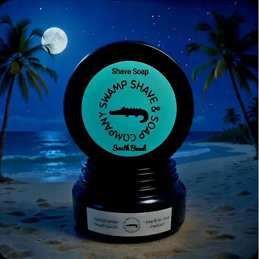South Beach Shave Soap by Swamp Shave & Soap Company in 4.2 oz jar, natural shave soap with rich lather and fresh scent.