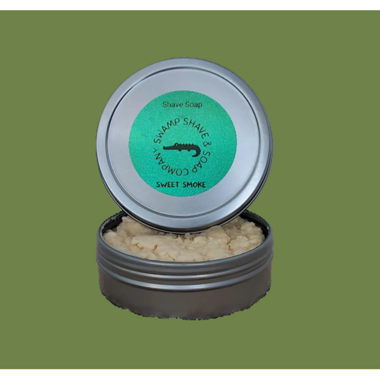 Pasteur Pharmacy Swamp Shave & Soap Company Sweet Smoke Shave Soap in 4.2 oz container, creamy lather for a smooth shave