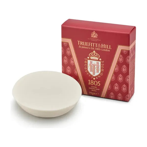 Truefitt & Hill 1805 luxury shave soap refill in a 3.5 oz tin, showcasing the classic soap with a smooth surface and elegant packaging.