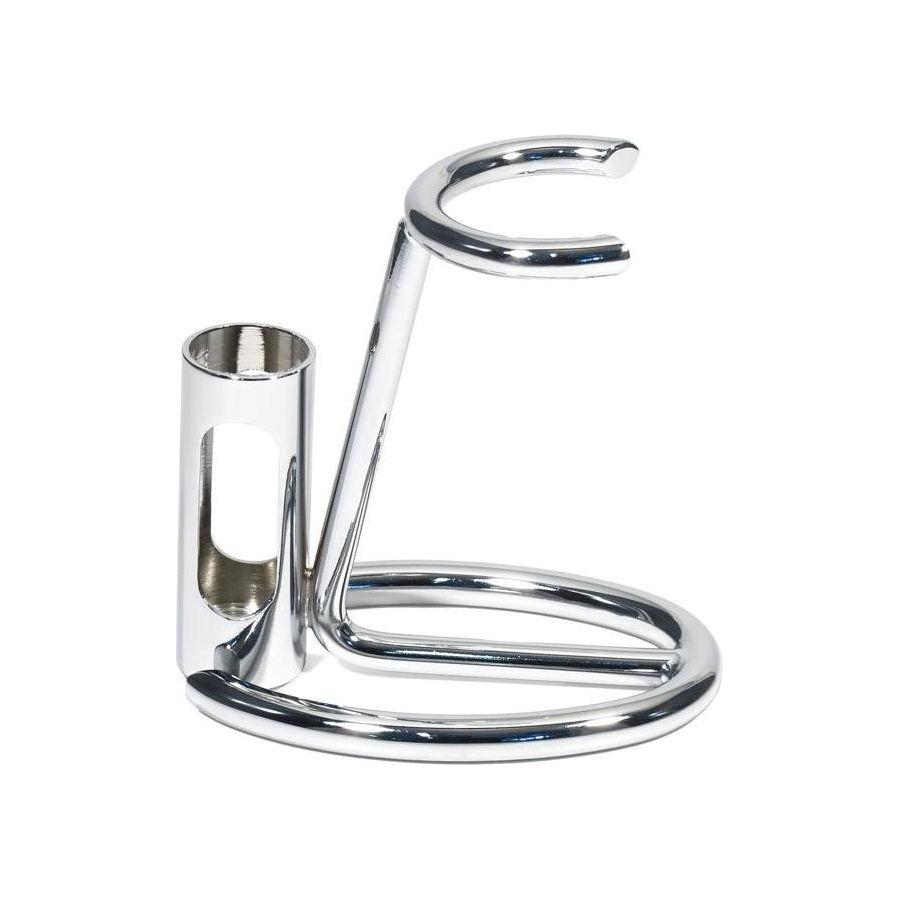 Omega chrome plated shaving brush and razor stand, sleek metal design, with the brush and razor resting on the stand.
