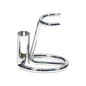 Omega chrome plated shaving brush and razor stand, sleek metal design, with the brush and razor resting on the stand.