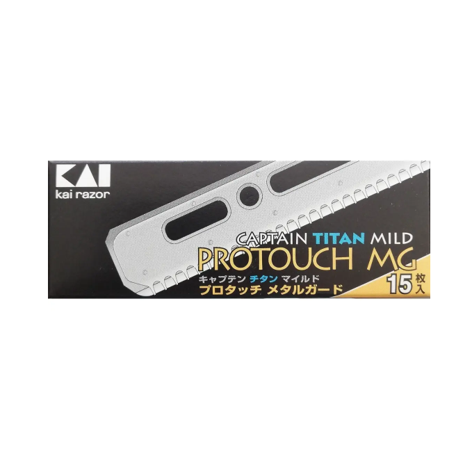 Kai Captain Titan Mild Protouch Mg shaving blades in a 15-count package with durable, sharp blades for a close, comfortable shave.