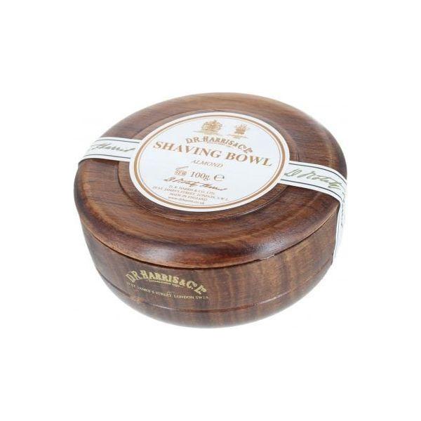 D. R. Harris & Co Almond Mahogany shaving bowl, 100g, featuring a classic design with a mahogany finish for traditional grooming.