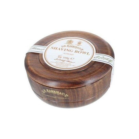 D. R. Harris & Co Almond Mahogany shaving bowl, 100g, featuring a classic design with a mahogany finish for traditional grooming.