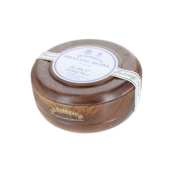 D. R. Harris & Co Lavender Mahogany Shaving Bowl 100g with lavender-scented shaving soap in a classic ceramic bowl