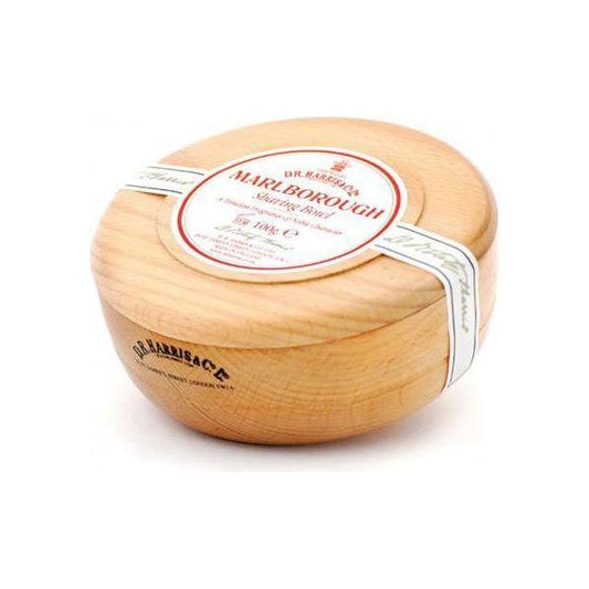 D. R. Harris & Co Marlborough Beech Shaving Bowl, 100g, with a classic wooden design and lid, ideal for traditional shaving.