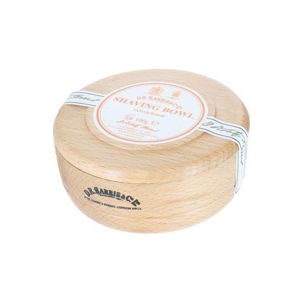 D. R. Harris & Co Sandalwood Beech Shaving Bowl 100g with wooden finish, ideal for traditional wet shaving grooming accessories.