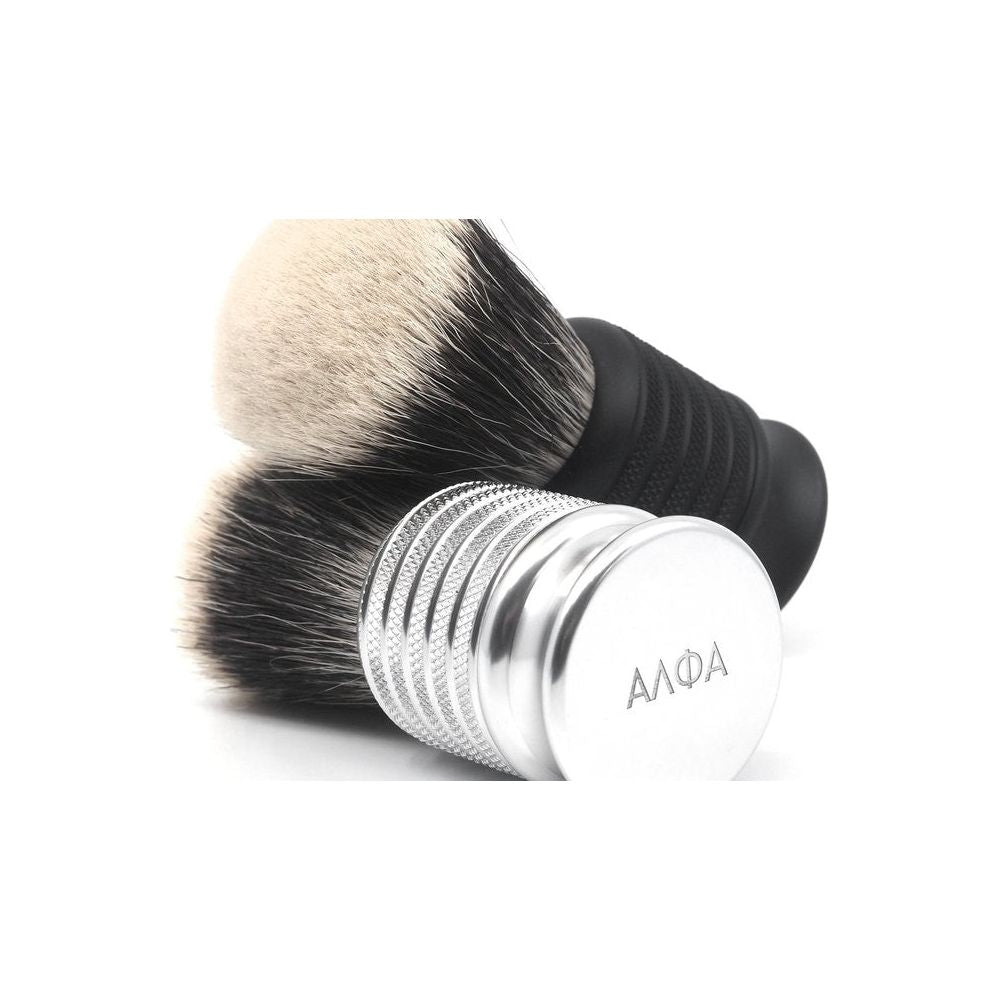 Black Alpha Brush & Shaving Co. El Gordo G5 shaving brush with dense bristles and sleek handle, ideal for shaving routines.