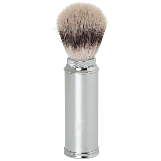 Edwin Jagger synthetic fibre travel shaving brush with vented nickel case, compact and portable for grooming on the go.