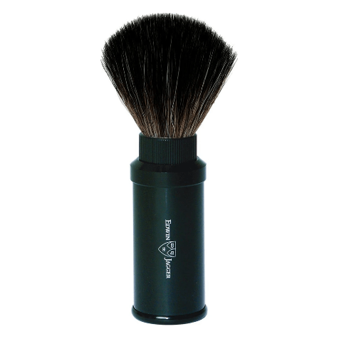 Black Edwin Jagger synthetic travel shaving brush with compact handle and soft bristles for easy grooming on the go.