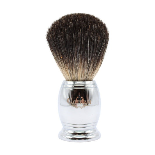 Gotham Pasteur Exclusive BL20-MT30 black badger shaving brush with dense bristles and a sleek handle, ideal for traditional shaving.