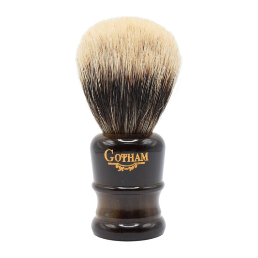 Gotham Pasteur Exclusive FI24-FH26 finest badger shaving brush with wooden handle and soft bristles, ideal for wet shaving.