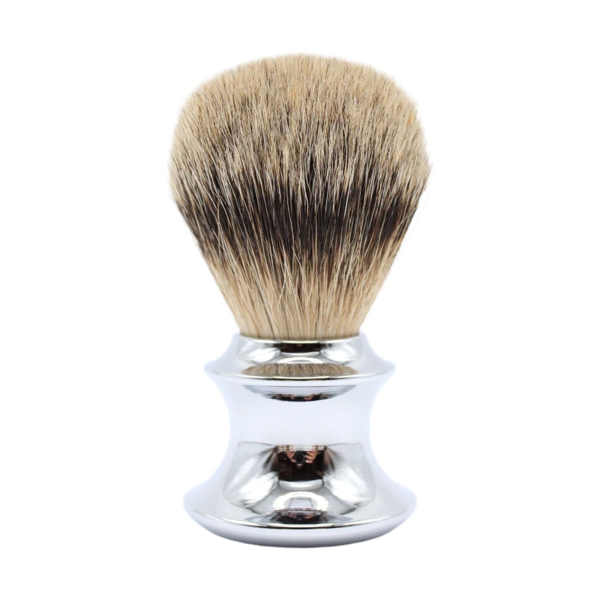 Gotham Pasteur Pharmacy MS25-MT57 finest badger shaving brush with dense bristles and a polished handle, displayed upright.