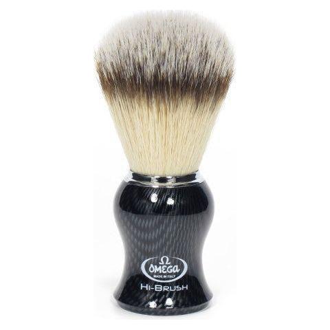 Omega 46650 synthetic fiber shaving brush with a black handle, ideal for a smooth and comfortable shaving experience.