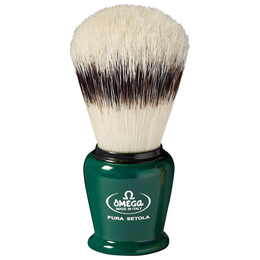 Omega banded boar bristle shaving brush with stand in assorted colors, ideal for traditional wet shaving.