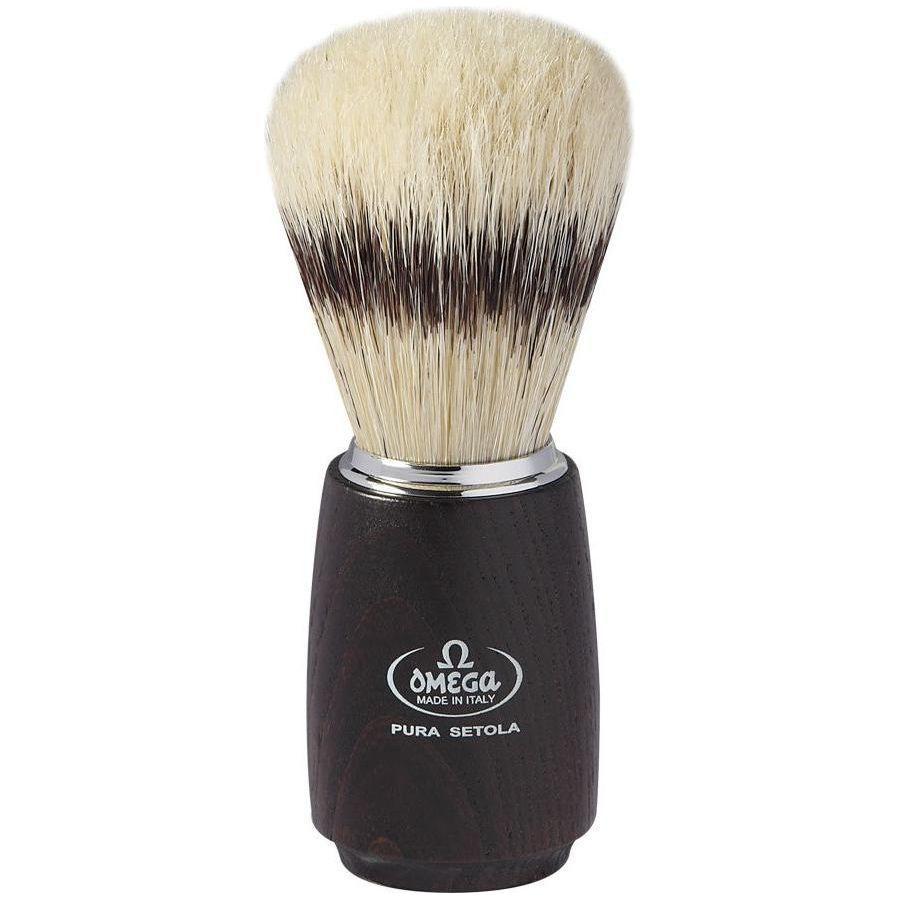 Omega Banded Boar Shaving Brush with Dark Ash Wood handle, natural bristles, from Pasteur Pharmacy, elegant grooming tool.