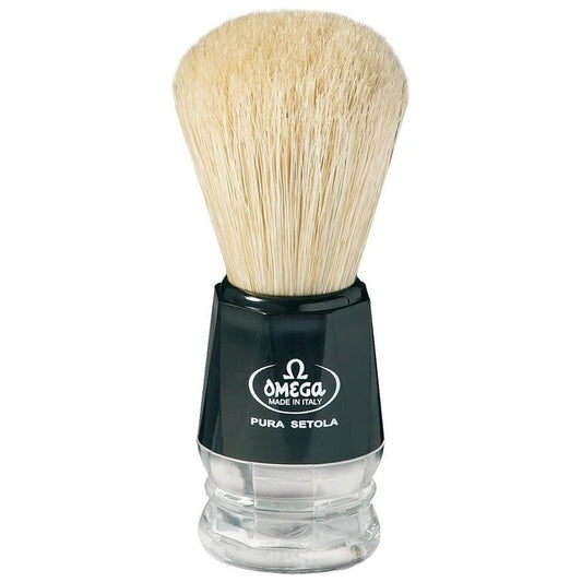 Omega black and clear acrylic handle boar bristle shaving brush by Pasteur Pharmacy with a sturdy grip and natural bristles.