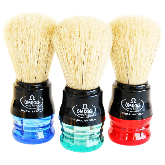 Omega boar bristle shaving brush with a two-color handle, featuring natural bristles and a stylish, ergonomic design.