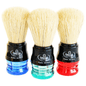 Omega boar bristle shaving brush with a two-color handle, featuring natural bristles and a stylish, ergonomic design.