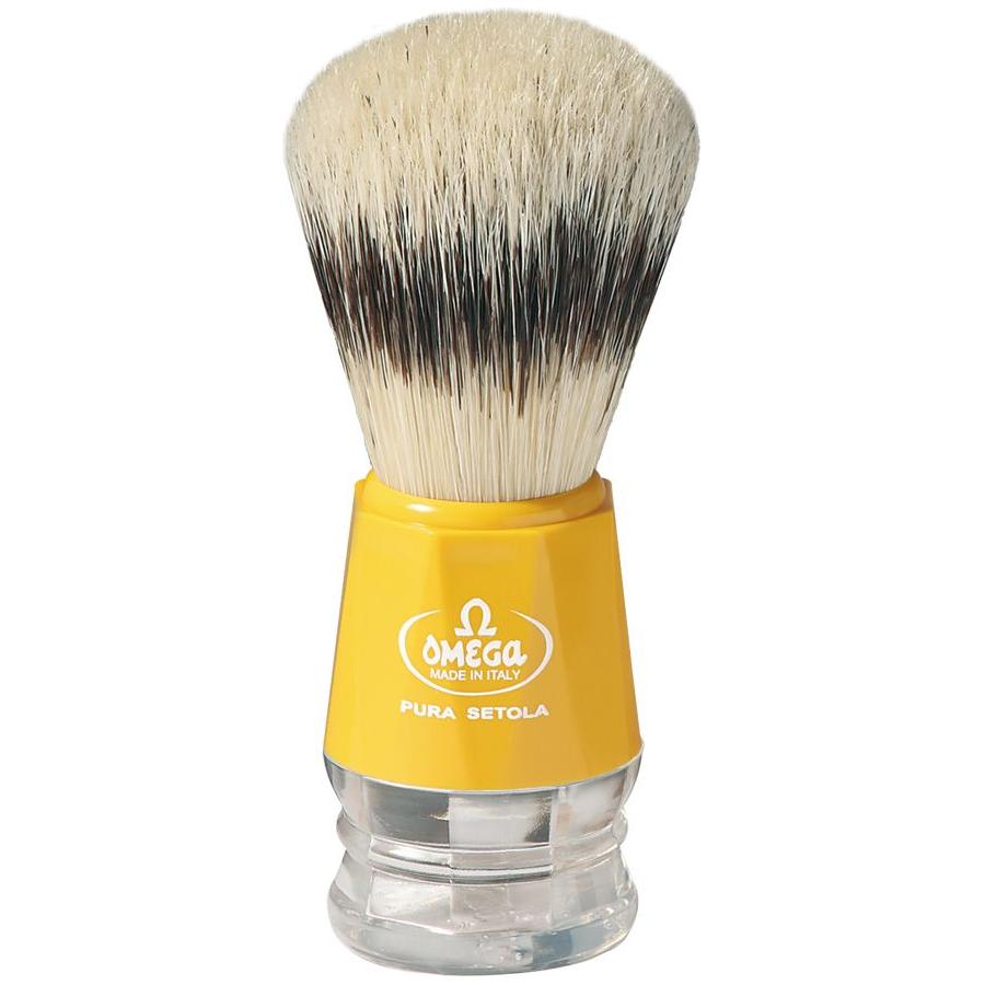 Omega boar bristle shaving brush with assorted color handle, natural bristles, ideal for classic wet shaving by Pasteur Pharmacy.