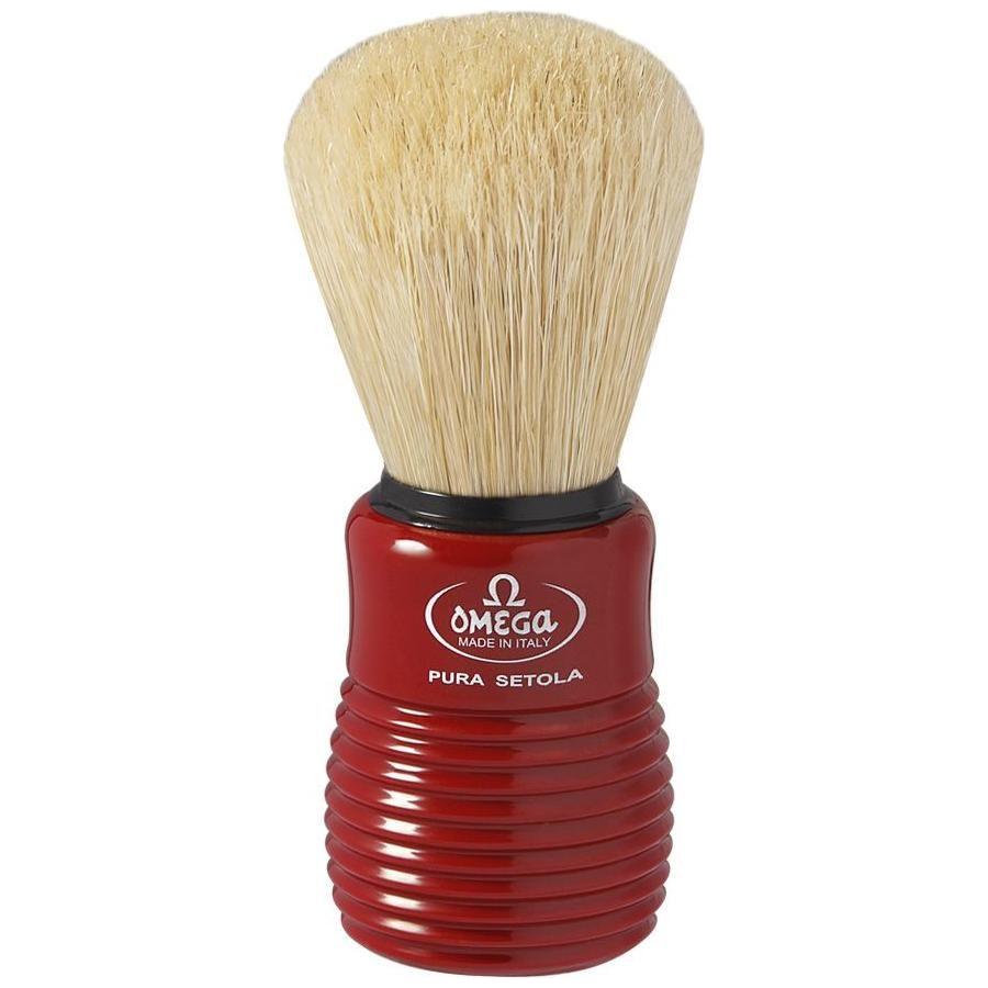 Omega boar bristle shaving brush in red and black, with a sturdy handle, designed for a close, comfortable shave.