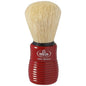 Omega boar bristle shaving brush in red and black, with a sturdy handle, designed for a close, comfortable shave.
