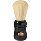 Omega boar bristle shaving brush with red, white, and black handle, natural wood finish, designed for smooth shaving experience.