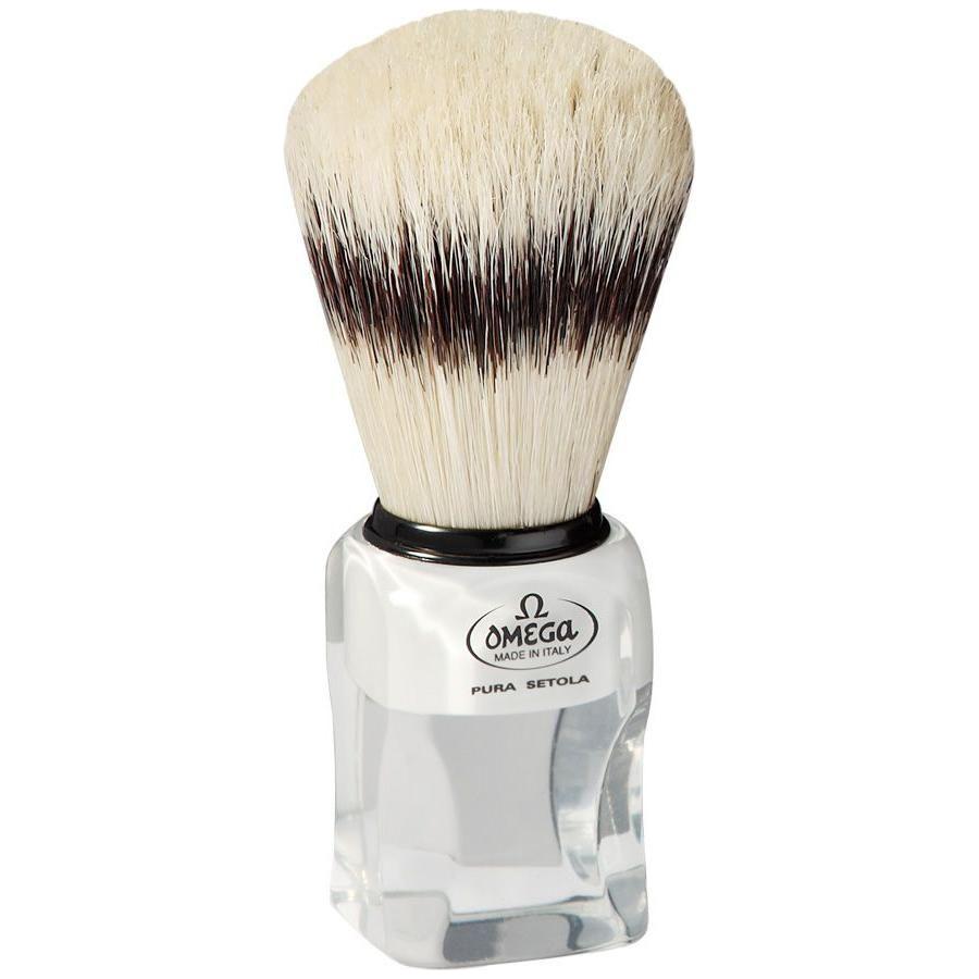 Omega boar bristle shaving brush with stand, featuring a classy square handle for a traditional grooming experience.