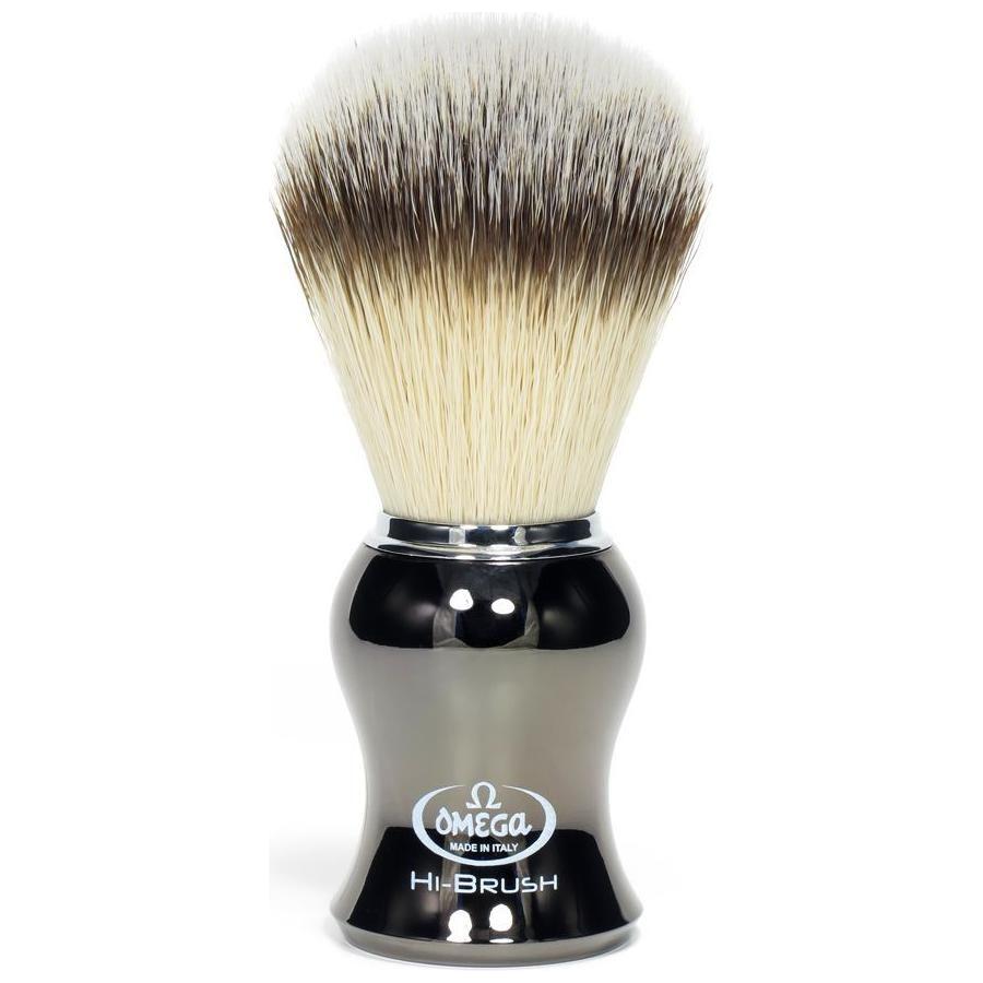 Omega synthetic badger fibre shaving brush, high-quality genuine Pasteur Pharmacy brand, with a sleek handle and soft bristles.