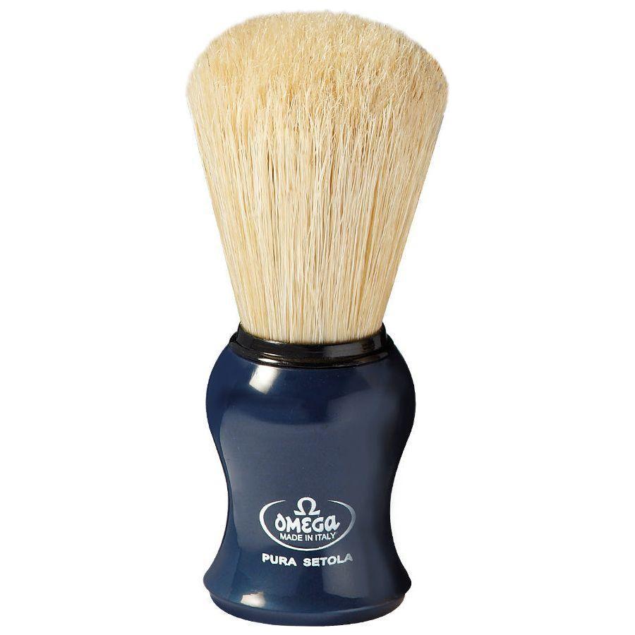 Omega synthetic fiber shaving brush in assorted colors, with a sturdy handle and soft bristles for a smooth shave.