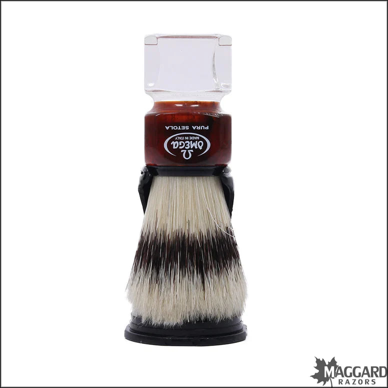 Omega Deluxe Boar Shaving Brush with stand, red and clear faceted handle, natural bristles, by Pasteur Pharmacy.