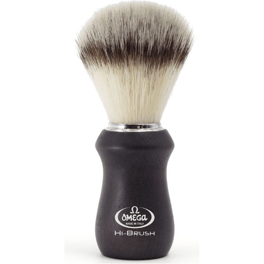 Omega Hi-Brush Fiber Synthetic Shaving Brush by Pasteur Pharmacy with soft synthetic bristles and a classic handle.