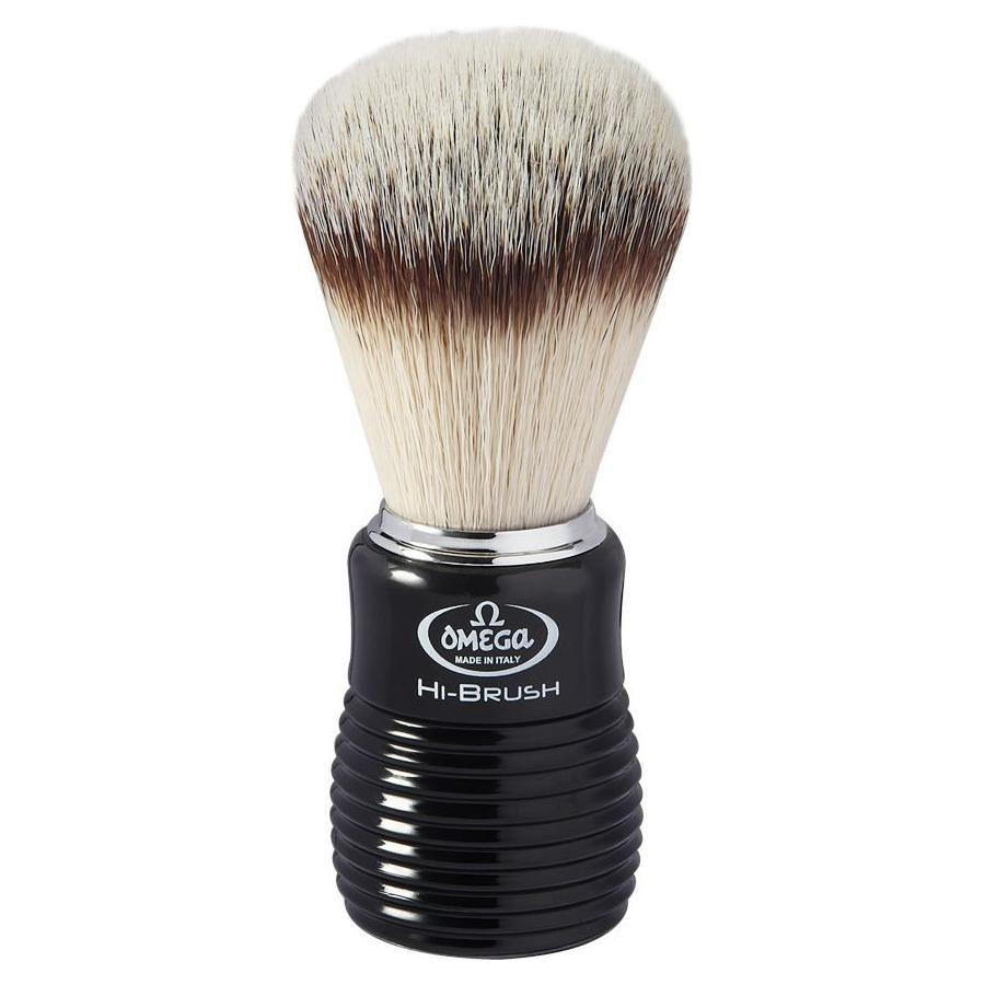 Omega Hi-Brush fiber synthetic shaving brush with a wooden handle, designed for a smooth and comfortable shaving experience.