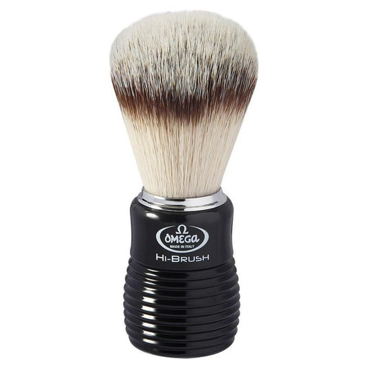 Omega Hi-Brush fiber synthetic shaving brush with a wooden handle, designed for a smooth and comfortable shaving experience.