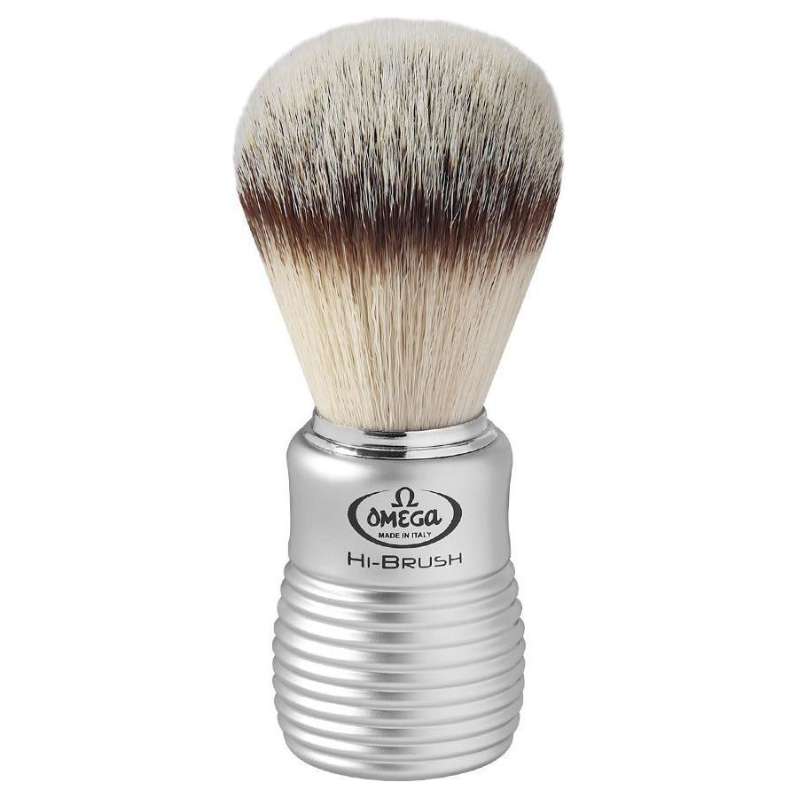 Omega Hi-Brush Series synthetic shaving brush with satinized handle, designed for a smooth, comfortable shaving experience.