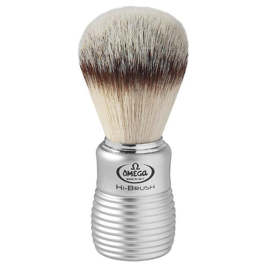 Omega Hi-Brush Series synthetic shaving brush with satinized handle, designed for a smooth, comfortable shaving experience.